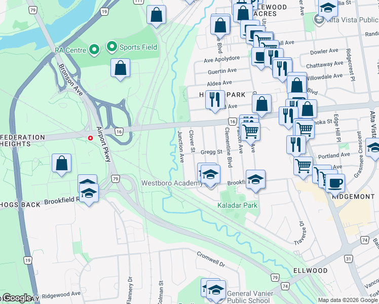 map of restaurants, bars, coffee shops, grocery stores, and more near in Ottawa