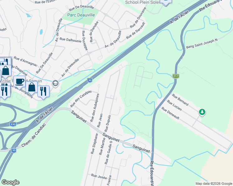 map of restaurants, bars, coffee shops, grocery stores, and more near 200 Rue Dupuis in Saint-Philippe