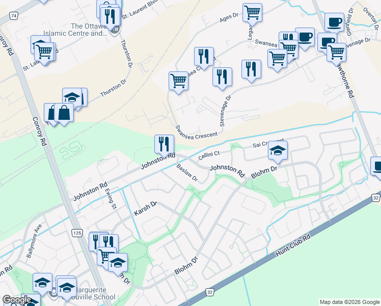map of restaurants, bars, coffee shops, grocery stores, and more near 2119 Johnston Road in Ottawa