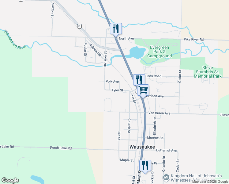 map of restaurants, bars, coffee shops, grocery stores, and more near 803 3rd Street in Wausaukee