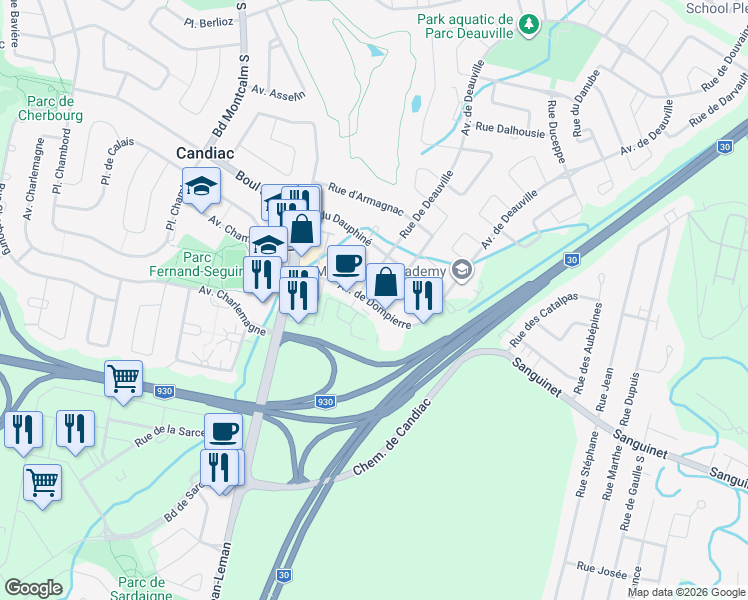 map of restaurants, bars, coffee shops, grocery stores, and more near 52 Avenue Dompierre in Candiac