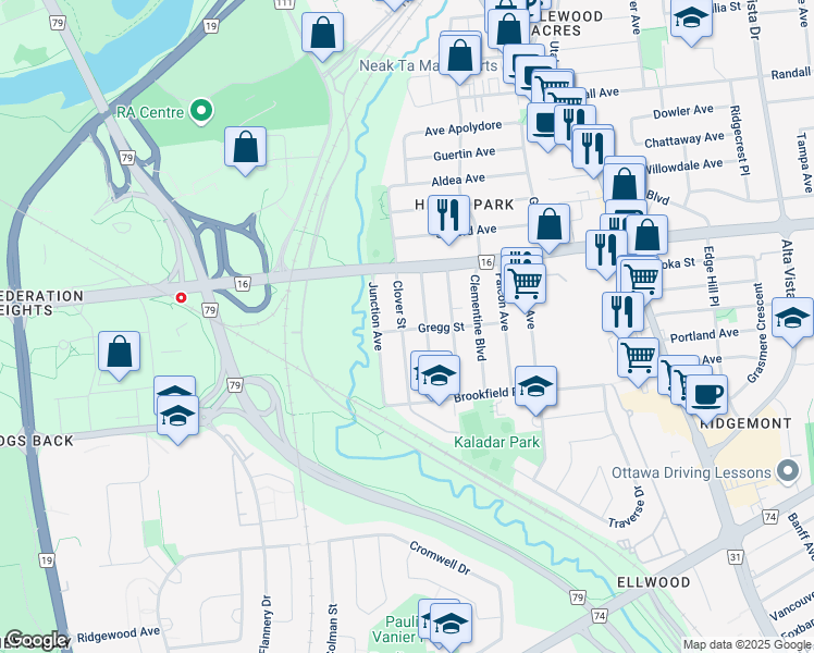 map of restaurants, bars, coffee shops, grocery stores, and more near 2445 Clover Street in Ottawa
