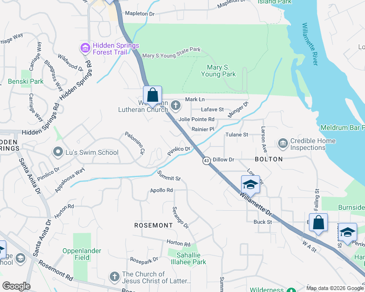 map of restaurants, bars, coffee shops, grocery stores, and more near 2800 Tree Top Lane in West Linn