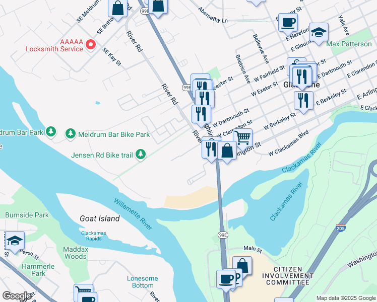 map of restaurants, bars, coffee shops, grocery stores, and more near Rivergreens Road in Gladstone