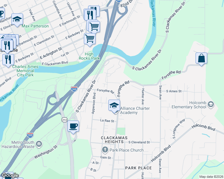 map of restaurants, bars, coffee shops, grocery stores, and more near 15860 Harley Avenue in Oregon City