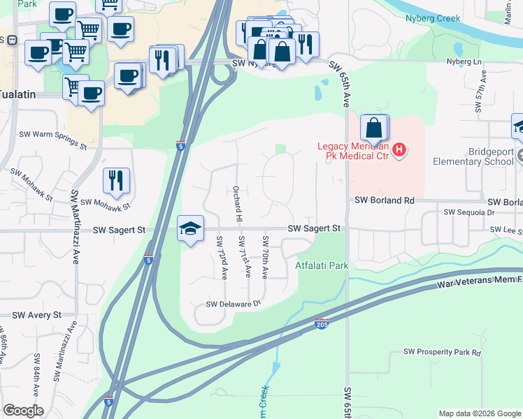 map of restaurants, bars, coffee shops, grocery stores, and more near 19737 Southwest 68th Avenue in Tualatin
