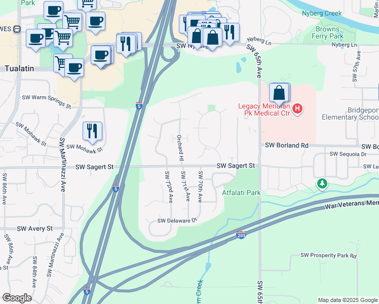map of restaurants, bars, coffee shops, grocery stores, and more near 19737 Southwest 68th Avenue in Tualatin