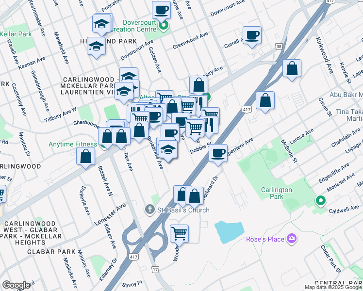 map of restaurants, bars, coffee shops, grocery stores, and more near in Ottawa