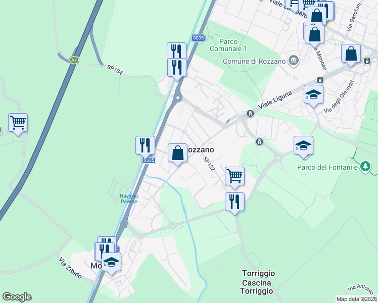 map of restaurants, bars, coffee shops, grocery stores, and more near 136 Viale Palmiro Togliatti in Rozzano