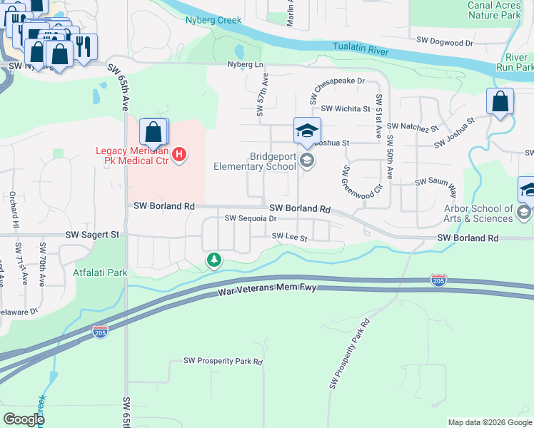 map of restaurants, bars, coffee shops, grocery stores, and more near 5693 Southwest Sequoia Drive in Tualatin