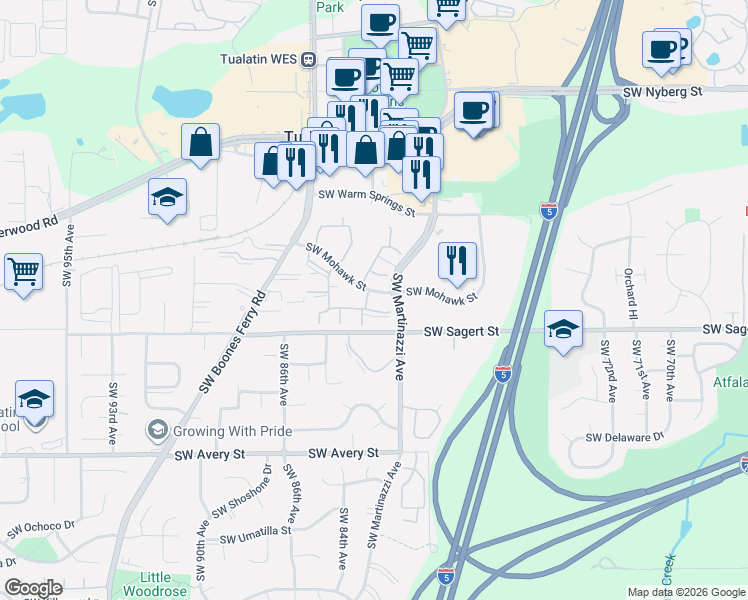 map of restaurants, bars, coffee shops, grocery stores, and more near 8324 Southwest Mohawk Street in Tualatin