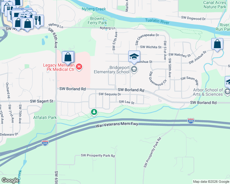 map of restaurants, bars, coffee shops, grocery stores, and more near 5707 Southwest Sequoia Drive in Tualatin