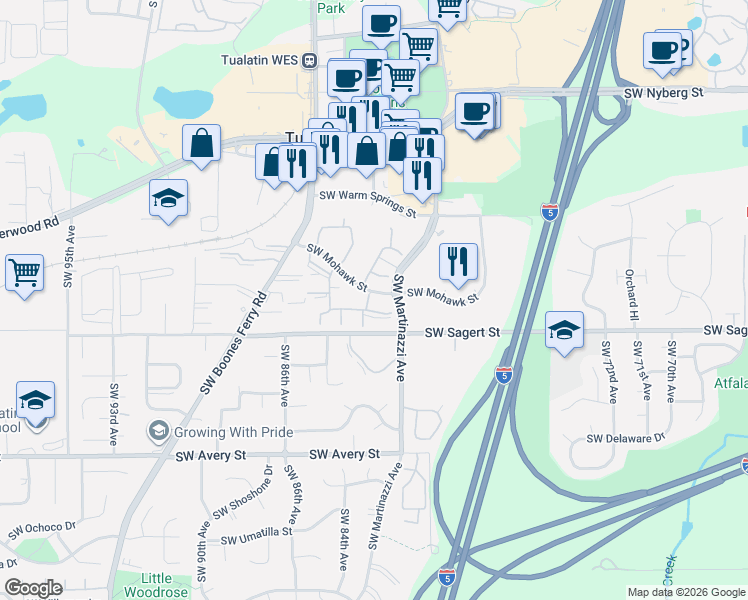 map of restaurants, bars, coffee shops, grocery stores, and more near 8324 Southwest Mohawk Street in Tualatin