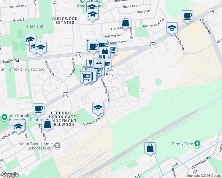 map of restaurants, bars, coffee shops, grocery stores, and more near 1749 Heatherington Road in Ottawa