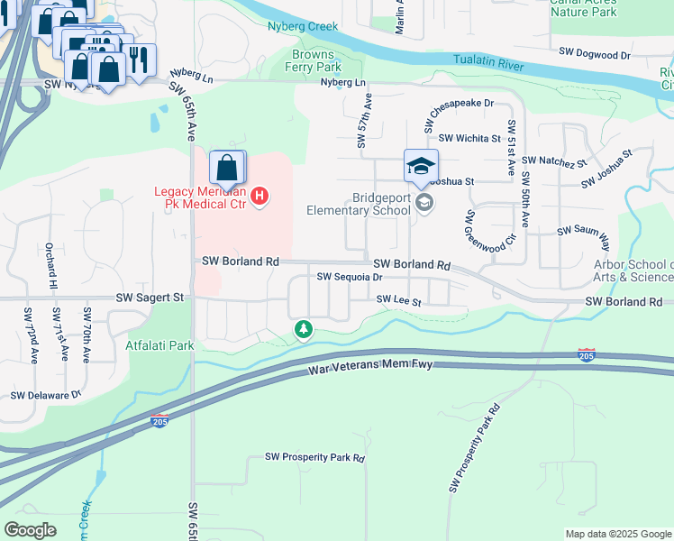 map of restaurants, bars, coffee shops, grocery stores, and more near 5845 Southwest Sequoia Drive in Tualatin