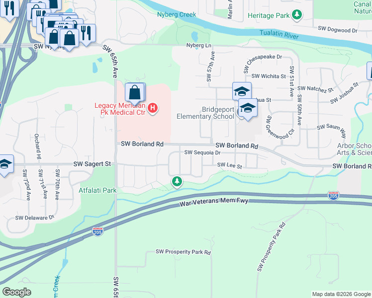 map of restaurants, bars, coffee shops, grocery stores, and more near 5955 Southwest Sequoia Drive in Tualatin