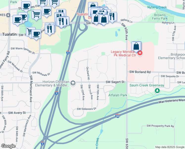 map of restaurants, bars, coffee shops, grocery stores, and more near 19737 Southwest 68th Avenue in Tualatin