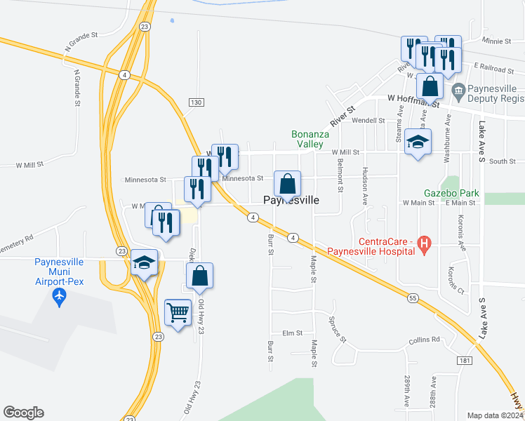 map of restaurants, bars, coffee shops, grocery stores, and more near 703 West Main Street in Paynesville