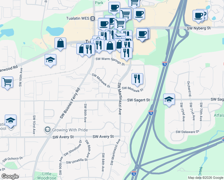 map of restaurants, bars, coffee shops, grocery stores, and more near 8325 Southwest Mohawk Street in Tualatin