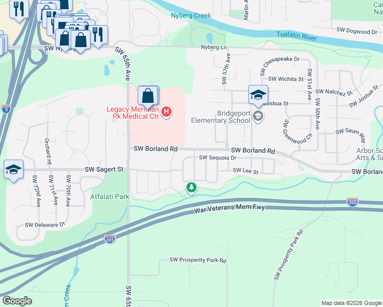 map of restaurants, bars, coffee shops, grocery stores, and more near 6015 Southwest Sequoia Drive in Tualatin