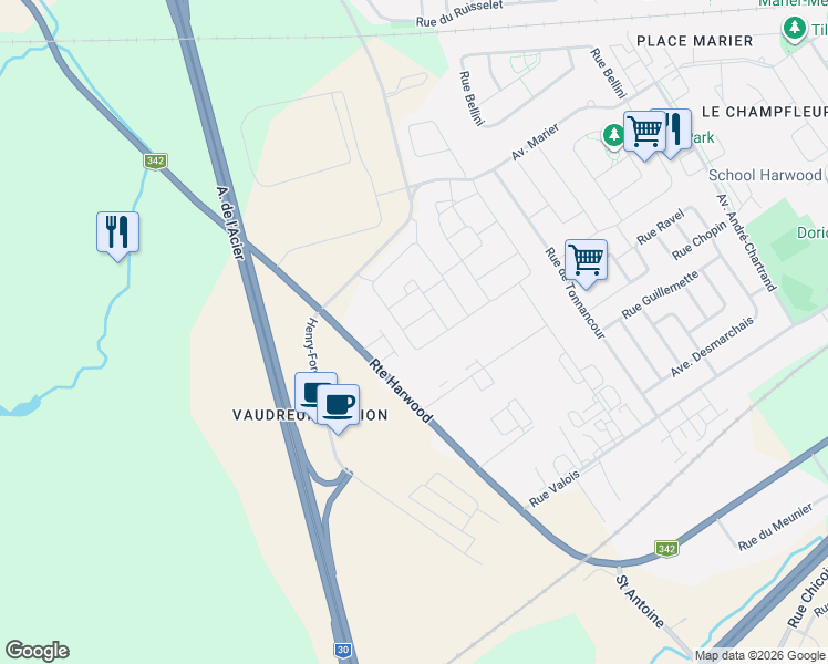 map of restaurants, bars, coffee shops, grocery stores, and more near 117 Rue Claude-Vivier in Vaudreuil-Dorion