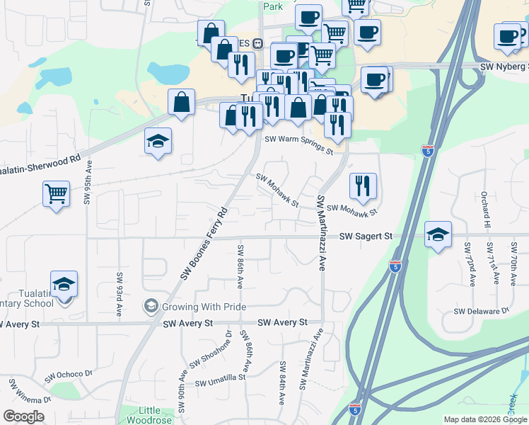 map of restaurants, bars, coffee shops, grocery stores, and more near 8432 Southwest Mohawk Street in Tualatin