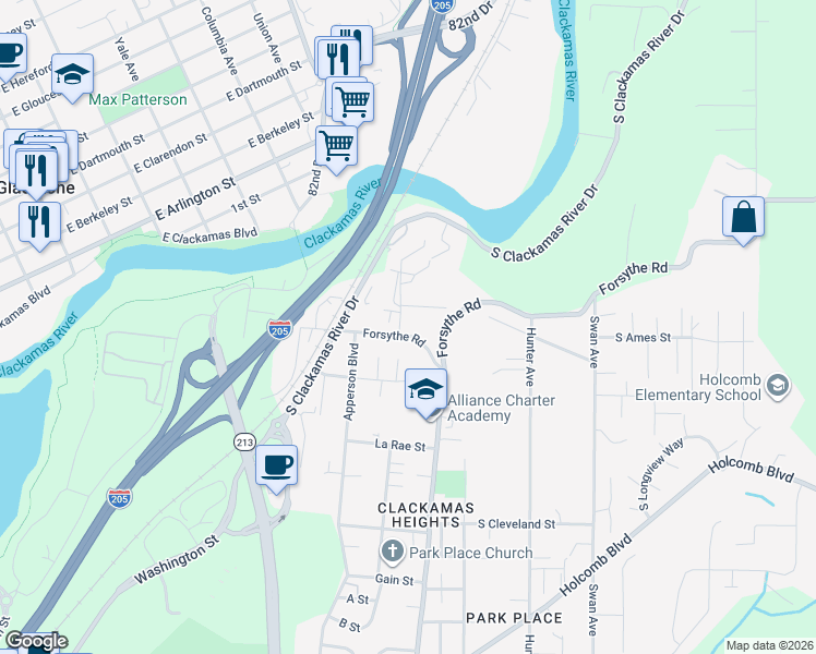 map of restaurants, bars, coffee shops, grocery stores, and more near 15860 Harley Avenue in Oregon City
