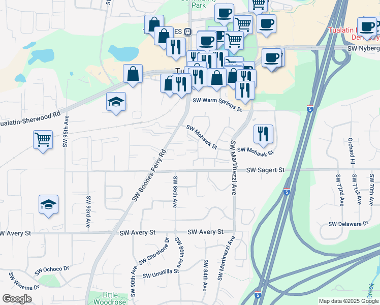 map of restaurants, bars, coffee shops, grocery stores, and more near 8438 Southwest Mohawk Street in Tualatin