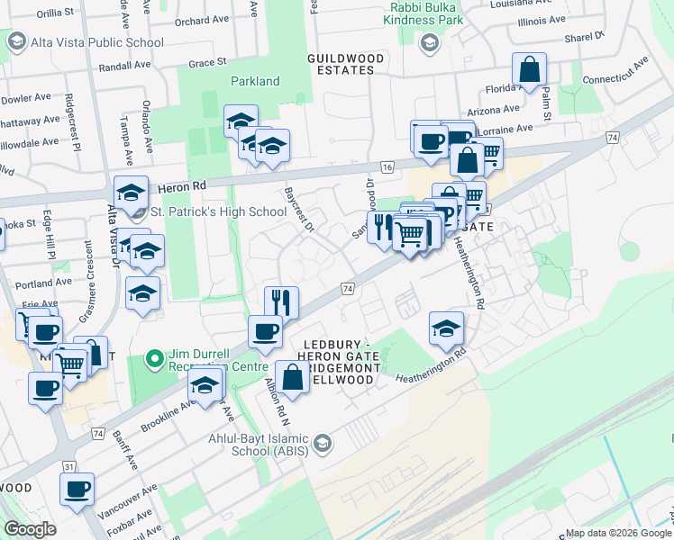 map of restaurants, bars, coffee shops, grocery stores, and more near 2898 Baycrest Drive in Ottawa