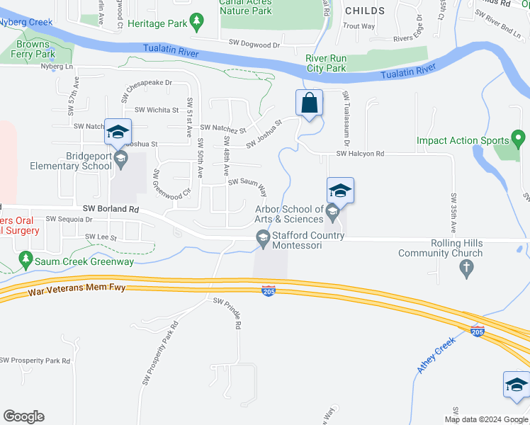 map of restaurants, bars, coffee shops, grocery stores, and more near 4600 Southwest Saum Way in Tualatin