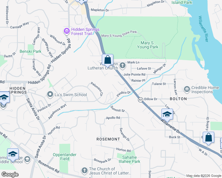 map of restaurants, bars, coffee shops, grocery stores, and more near 2636 Pimlico Drive in West Linn