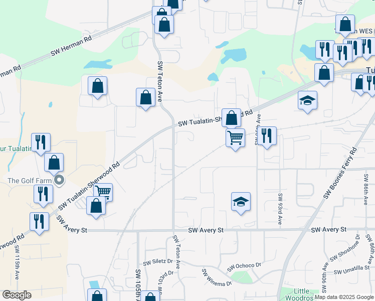map of restaurants, bars, coffee shops, grocery stores, and more near 19818 Southwest Teton Avenue in Tualatin