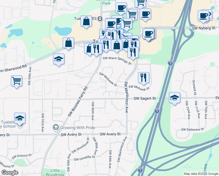 map of restaurants, bars, coffee shops, grocery stores, and more near 8424 Southwest Mohawk Street in Tualatin