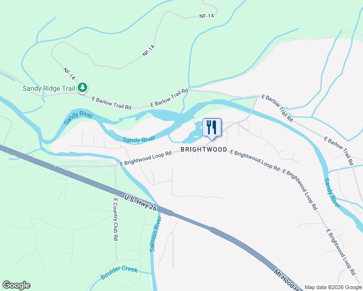 map of restaurants, bars, coffee shops, grocery stores, and more near 62755 East Brightwood Loop Road in Mount Hood Village