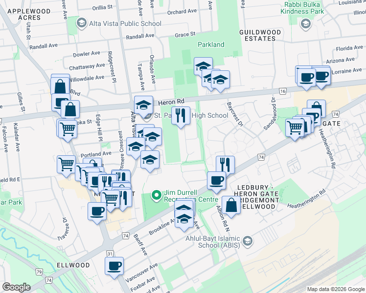 map of restaurants, bars, coffee shops, grocery stores, and more near 154 Finn Court in Ottawa