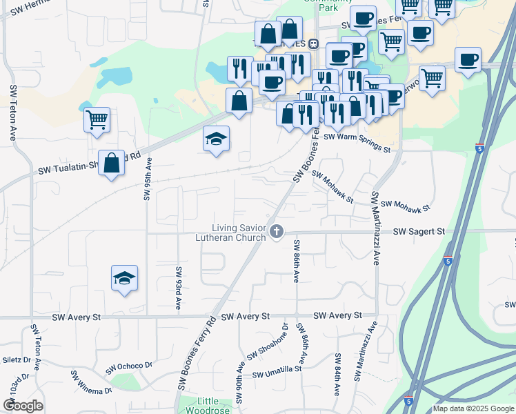 map of restaurants, bars, coffee shops, grocery stores, and more near 19945 Southwest Boones Ferry Road in Tualatin
