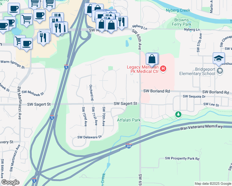 map of restaurants, bars, coffee shops, grocery stores, and more near 19803 Southwest 68th Avenue in Tualatin