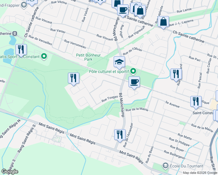 map of restaurants, bars, coffee shops, grocery stores, and more near 38 Rue Toupin in Saint-Constant