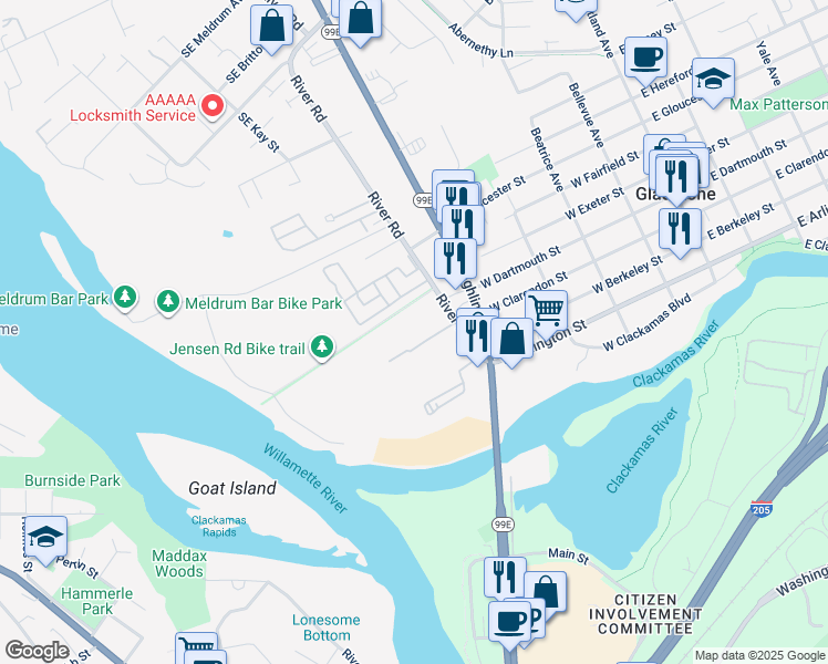 map of restaurants, bars, coffee shops, grocery stores, and more near 19725 River Road in Gladstone