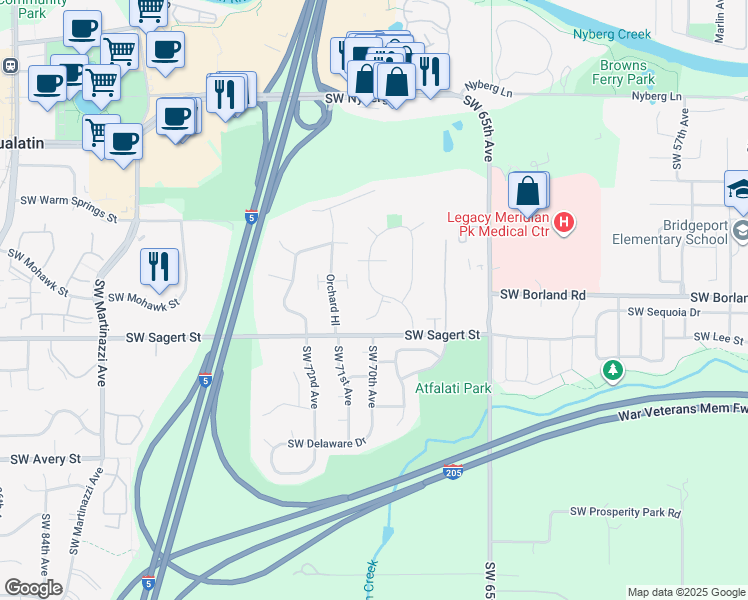 map of restaurants, bars, coffee shops, grocery stores, and more near 19737 Southwest 68th Avenue in Tualatin