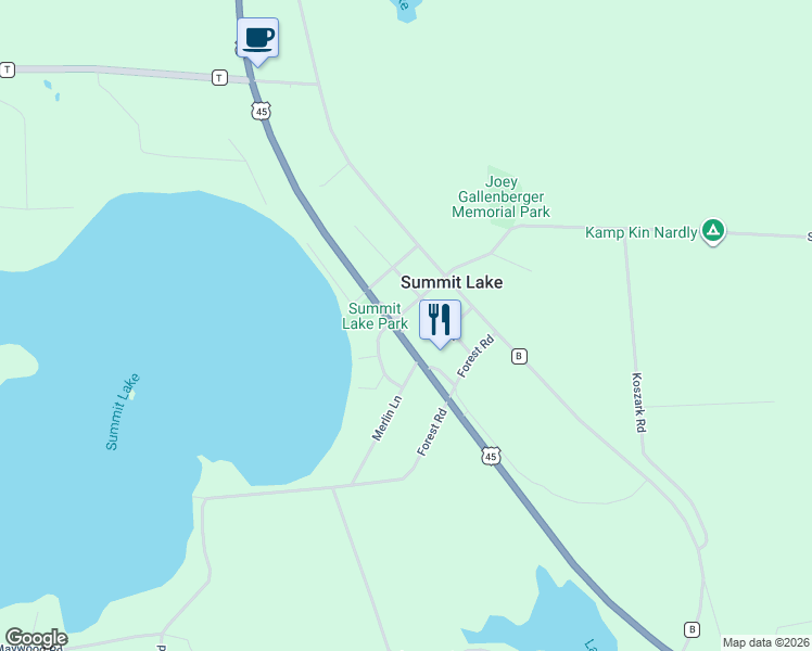map of restaurants, bars, coffee shops, grocery stores, and more near N9577 U.S. 45 in Summit Lake