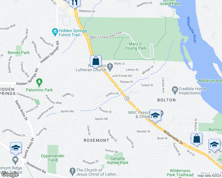 map of restaurants, bars, coffee shops, grocery stores, and more near 2830 Tree Top Lane in West Linn