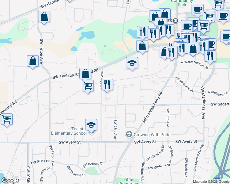 map of restaurants, bars, coffee shops, grocery stores, and more near 9301 Southwest Sagert Street in Tualatin