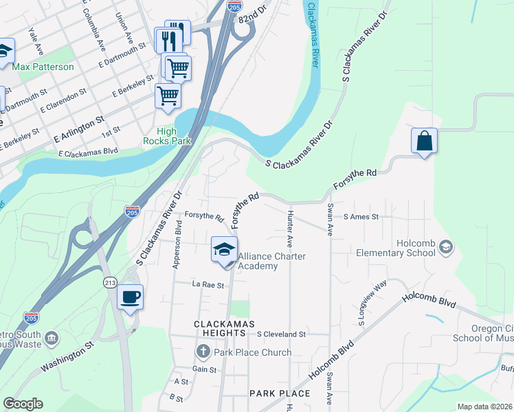 map of restaurants, bars, coffee shops, grocery stores, and more near 14110 Thurman Street in Oregon City