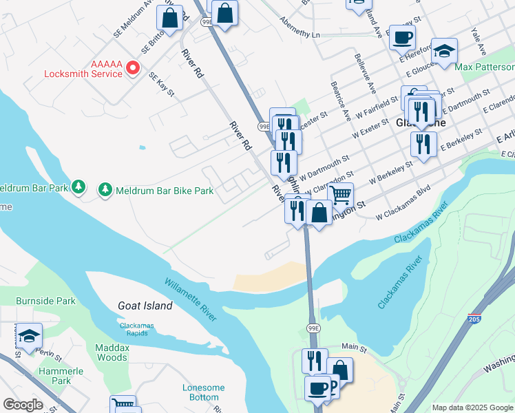 map of restaurants, bars, coffee shops, grocery stores, and more near 19725 River Road in Gladstone