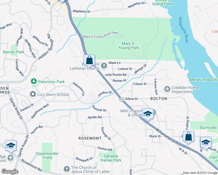 map of restaurants, bars, coffee shops, grocery stores, and more near 2830 Tree Top Lane in West Linn