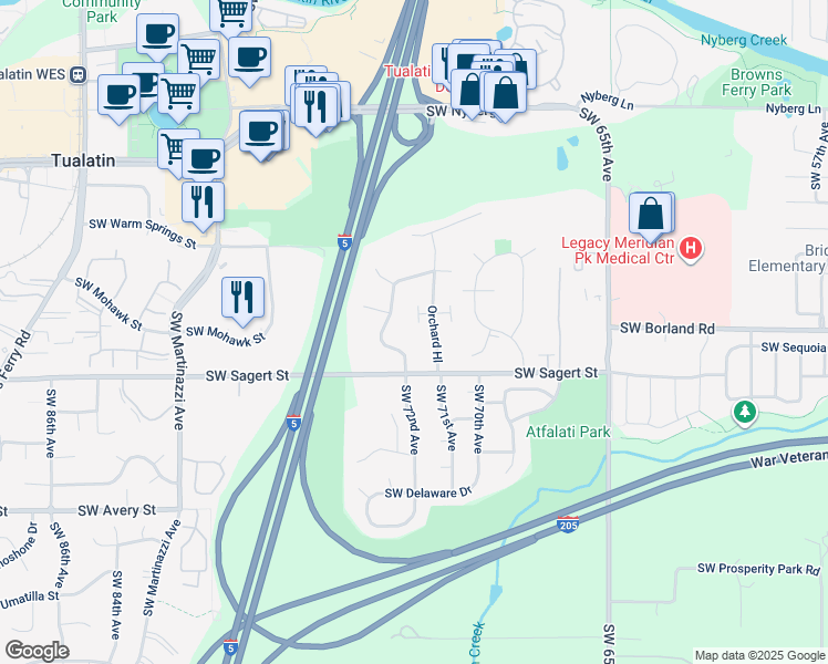 map of restaurants, bars, coffee shops, grocery stores, and more near 7189 Southwest Sagert Street in Tualatin