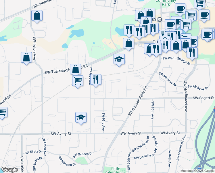map of restaurants, bars, coffee shops, grocery stores, and more near 9301 Southwest Sagert Street in Tualatin