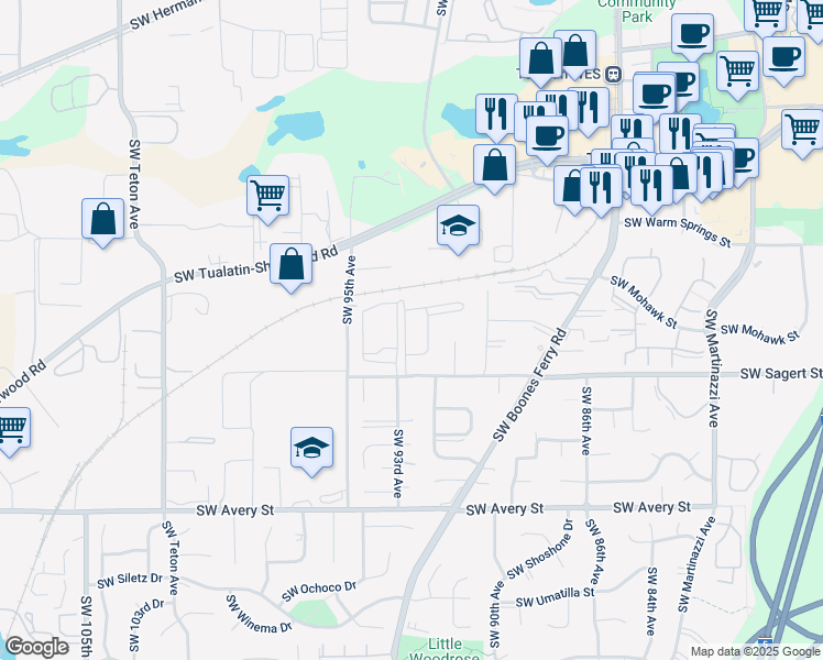 map of restaurants, bars, coffee shops, grocery stores, and more near 9301 Southwest Sagert Street in Tualatin