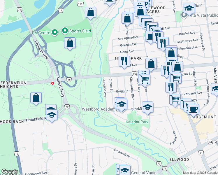 map of restaurants, bars, coffee shops, grocery stores, and more near in Ottawa